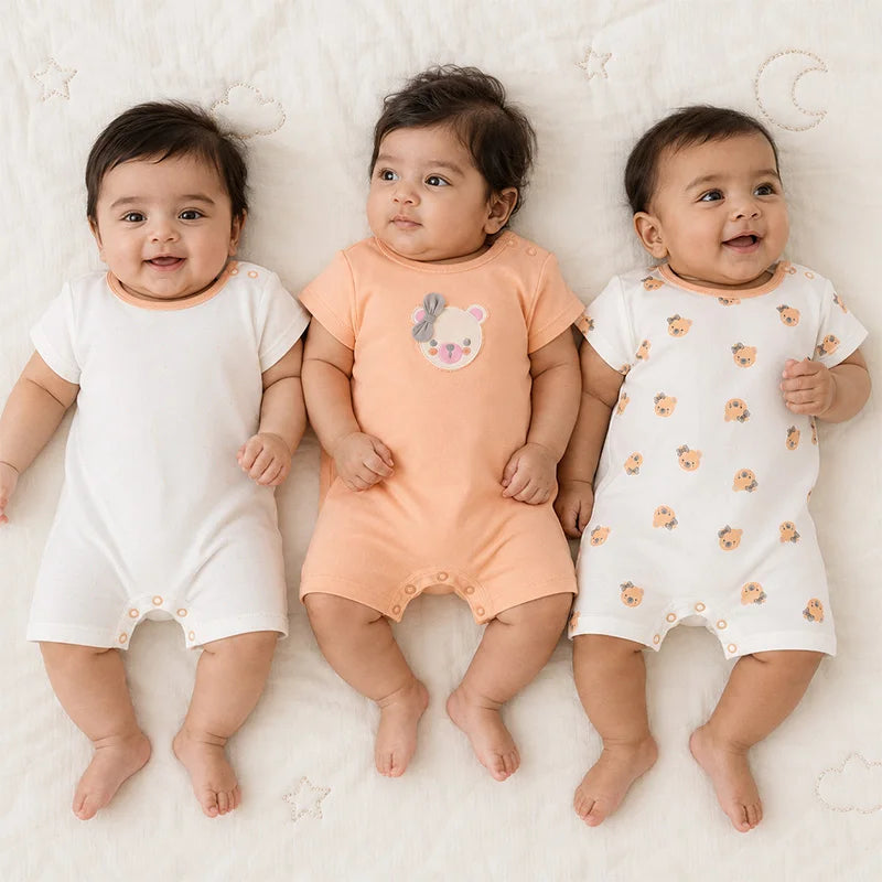 Additional view of peach and white short-sleeve cotton baby rompers with teddy print from the pack of 3