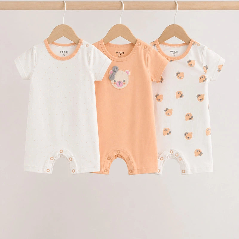 Peach and white short-sleeve cotton baby rompers with teddy print, pack of 3