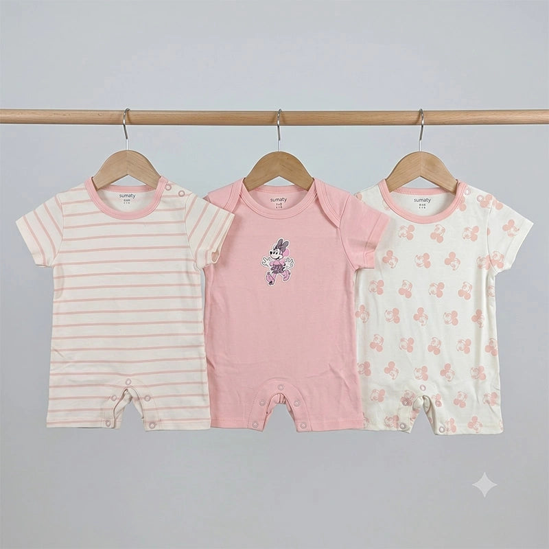 Additional view of pink and white short-sleeve cotton baby rompers with mickey mouse print from the pack of 3