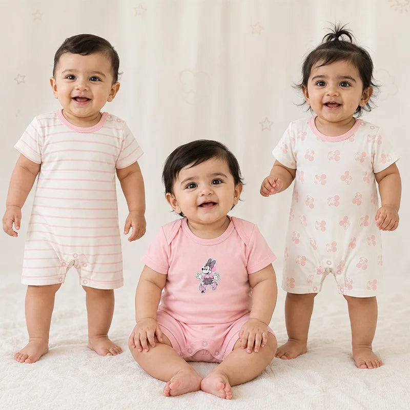 Pink and white short-sleeve cotton baby rompers with mickey mouse print, pack of 3