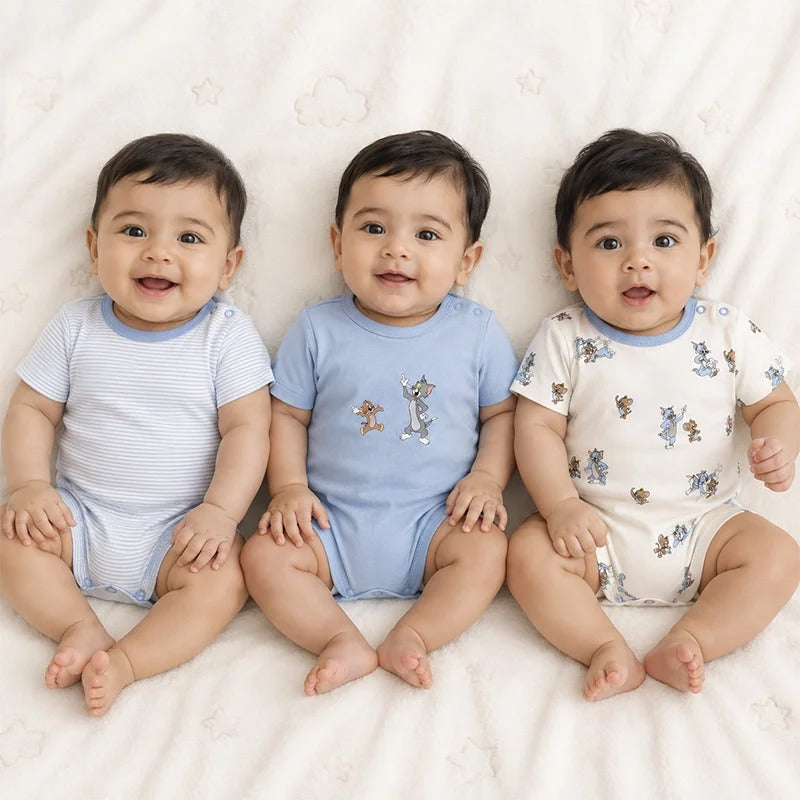 Sky blue and white short-sleeve cotton baby rompers with tom & jerry cartoon prints, pack of 3