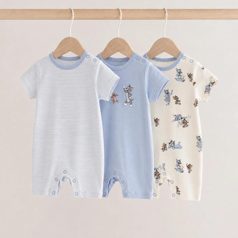 Additional view of sky blue and white short-sleeve cotton baby rompers with tom & jerry cartoon prints from the pack of 3