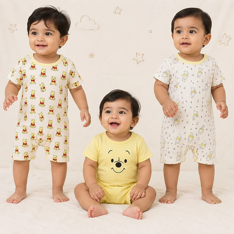 Yellow and white short-sleeve cotton baby rompers with bear print, pack of 3
