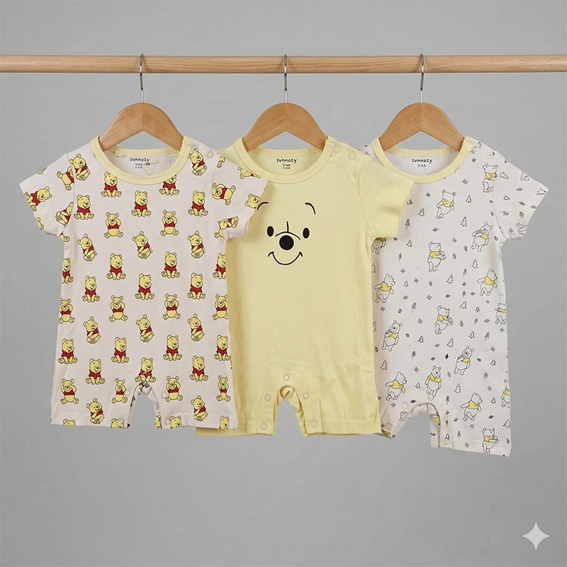 Additional view of yellow and white short-sleeve cotton baby rompers with bear print from the pack of 3