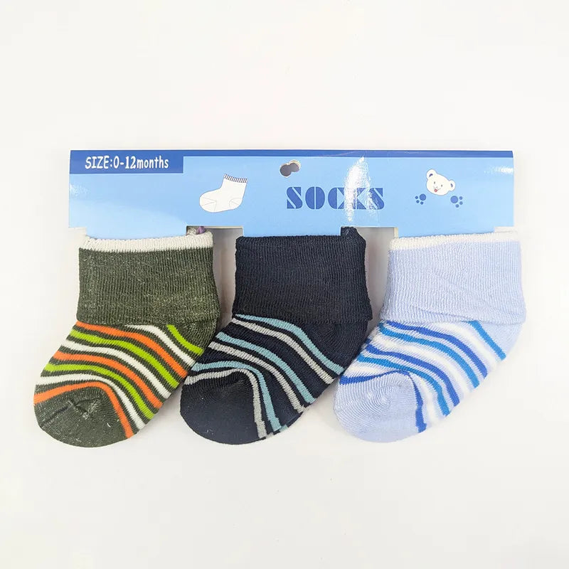 PACK OF 3 STRIPED COTTON BABY SOCKS - OLIVE GREEN, SKY BLUE & BLACK (0-12M)