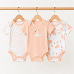 Peach half-sleeve cotton baby bodysuits with duck print, pack of 3