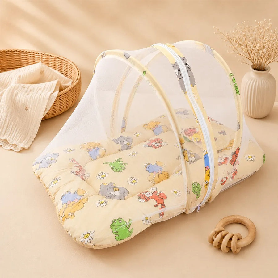 Round Net Baby Bed Set, Yellow Animal Print