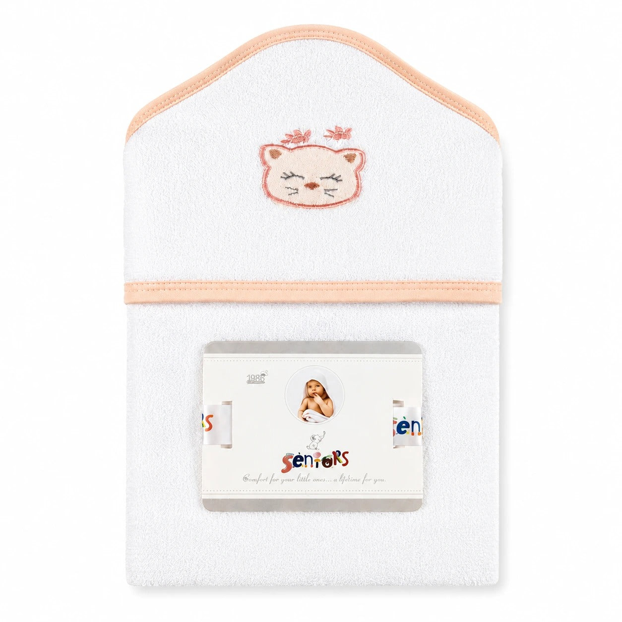 Seniors Cotton Baby Bath Towel, White Cat Design