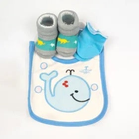 3-PIECE BABY GIFT SET CUTE SKY BLUE DOLPHIN PRINT (BIB, SOCKS & MITTENS)