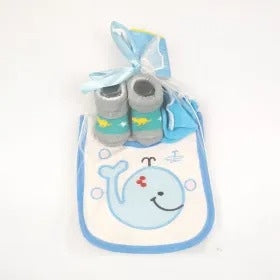 3-PIECE BABY GIFT SET CUTE SKY BLUE DOLPHIN PRINT (BIB, SOCKS & MITTENS)