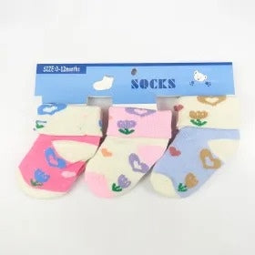 PACK OF 3 BABY GIRLS FLORAL HEART SOCKS-BABY PINK, PURPLE & PINK SPRING THEME (0-12M)