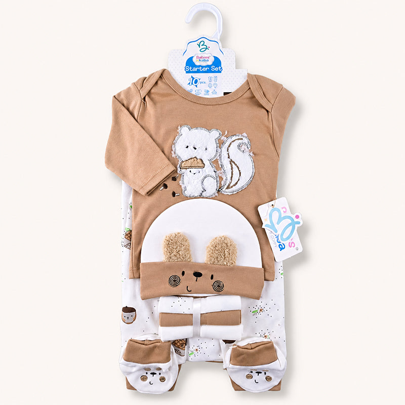 STARTER SET 10 PIECES BABY NEW BORN ESSENTIALS SQUIRREL THEM BROWN COLOUR 