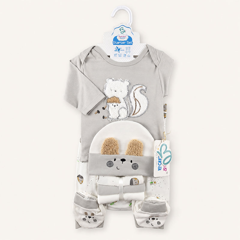 STARTER SET 10 PIECES BABY NEW BORN ESSENTIALS SQUIRREL THEM LIGHT GREY COLOUR 