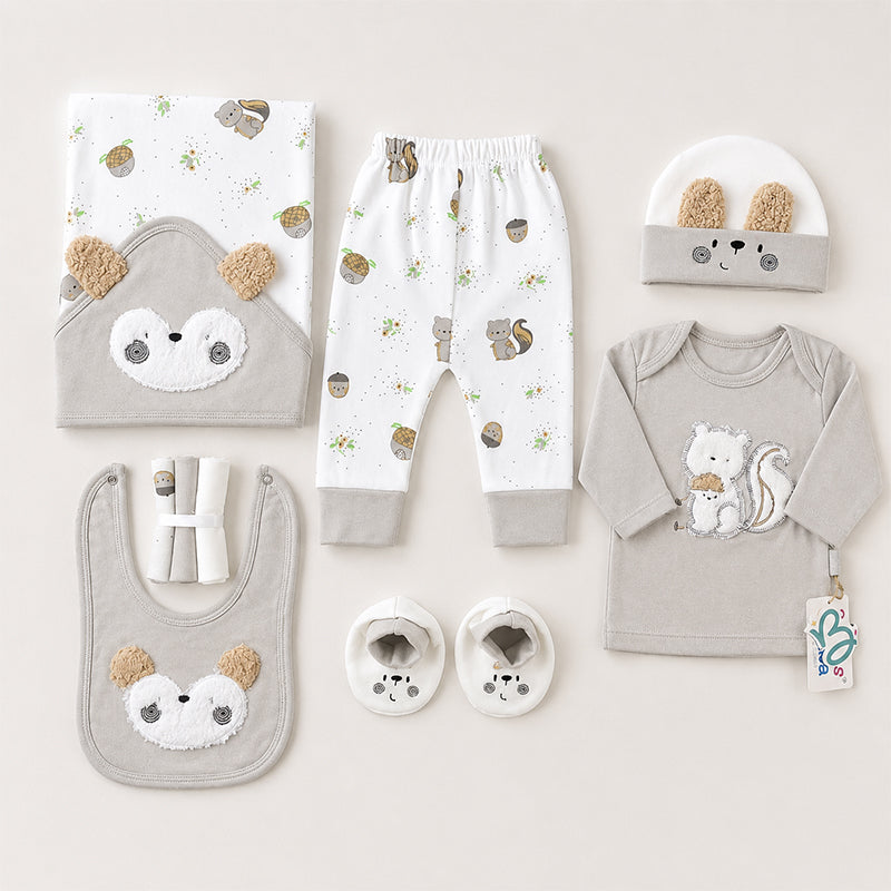 STARTER SET 10 PIECES BABY NEW BORN ESSENTIALS SQUIRREL THEM LIGHT GREY COLOUR  - image 2