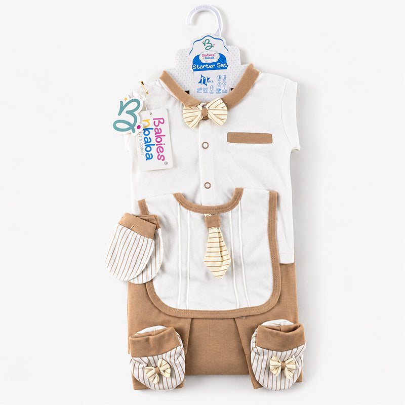STARTER SET 11 PIECES BABY NEW BORN ESSENTIALS BOW TAI PRINT BROWN COLOUR 