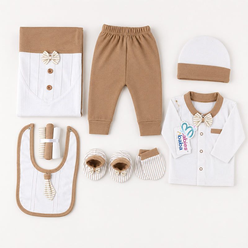 STARTER SET 11 PIECES BABY NEW BORN ESSENTIALS BOW TAI PRINT BROWN COLOUR  - image 2