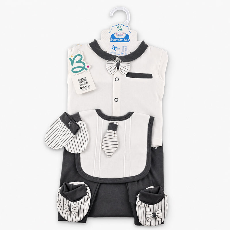 STARTER SET 11 PIECES BABY NEW BORN ESSENTIALS BOW TAI PRINT DARK GREY COLOUR 