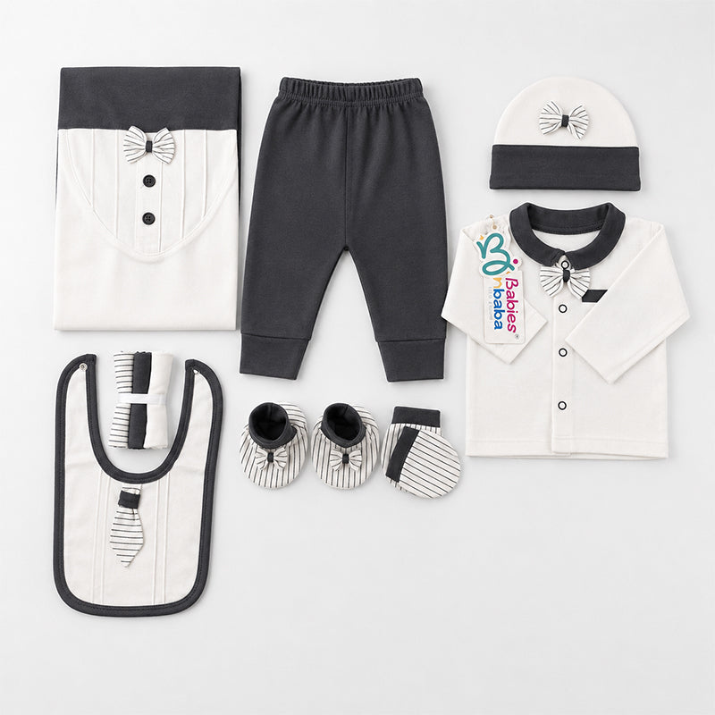 STARTER SET 11 PIECES BABY NEW BORN ESSENTIALS BOW TAI PRINT DARK GREY COLOUR  - image 2