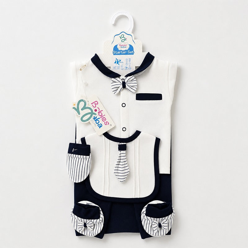 Starter Set 11 Pieces Baby New Born Essentials Bow Tai Print Navy Blue Colour
