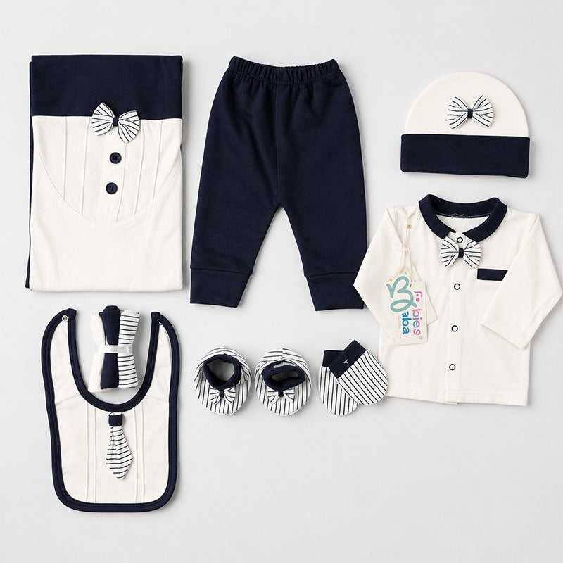 Starter Set 11 Pieces Baby New Born Essentials Bow Tai Print Navy Blue Colour – additional product view 2 of 2