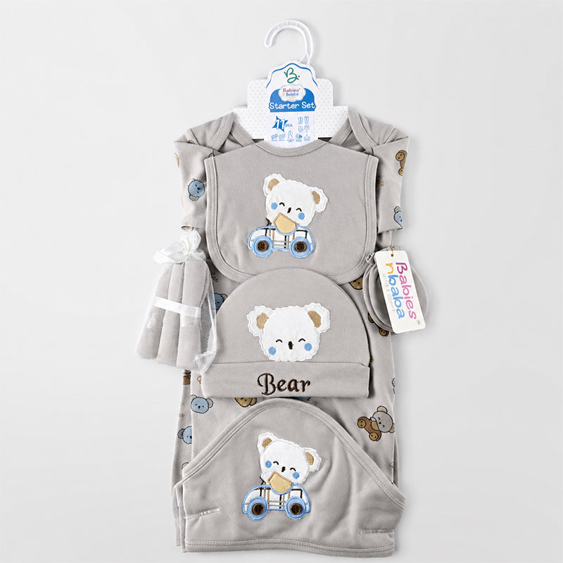 STARTER SET 11 PIECES BABY NEW BORN ESSENTIALS CAR BEAR THEM LIGHT GREY COLOUR 