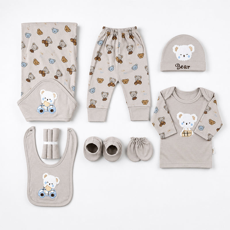 STARTER SET 11 PIECES BABY NEW BORN ESSENTIALS CAR BEAR THEM LIGHT GREY COLOUR  - image 2