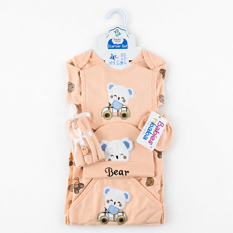STARTER SET 11 PIECES BABY NEW BORN ESSENTIALS CAR BEAR THEM LIGHT PEACH COLOUR 