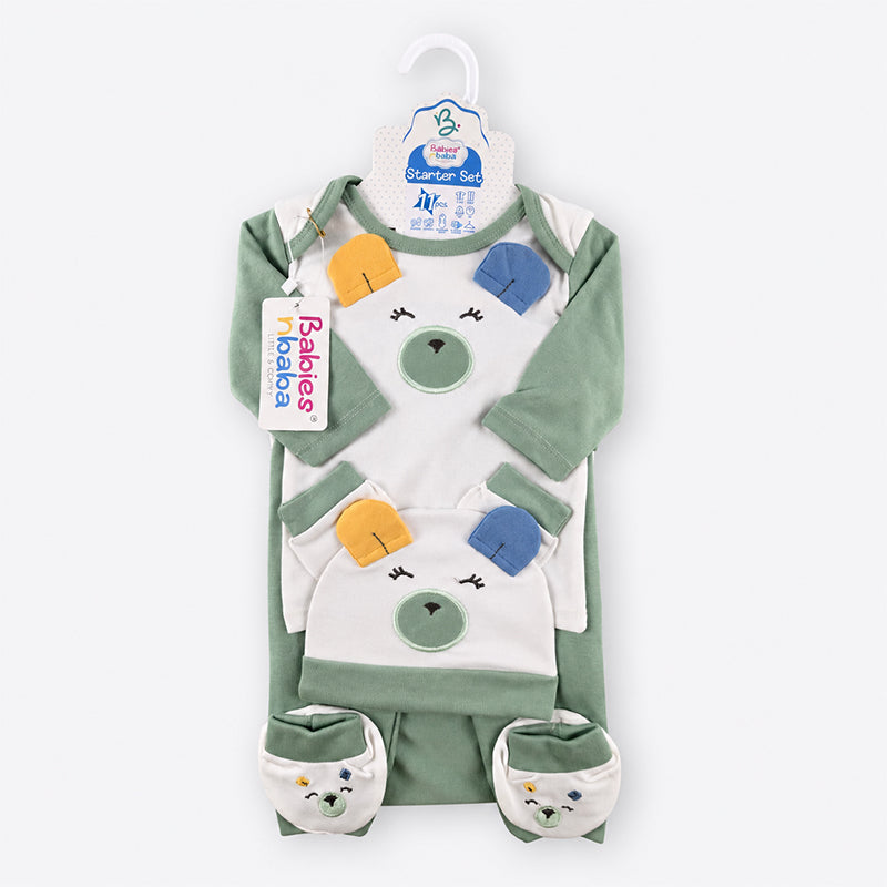 STARTER SET 11 PIECES BABY NEW BORN ESSENTIALS MULTI COLOUR EARS GREEN