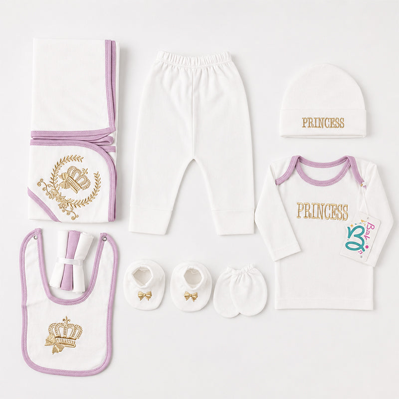 STARTER SET 11 PIECES BABY NEW BORN ESSENTIALS PRINCESS THEM LIGHT PURPLE COLOUR - image 2