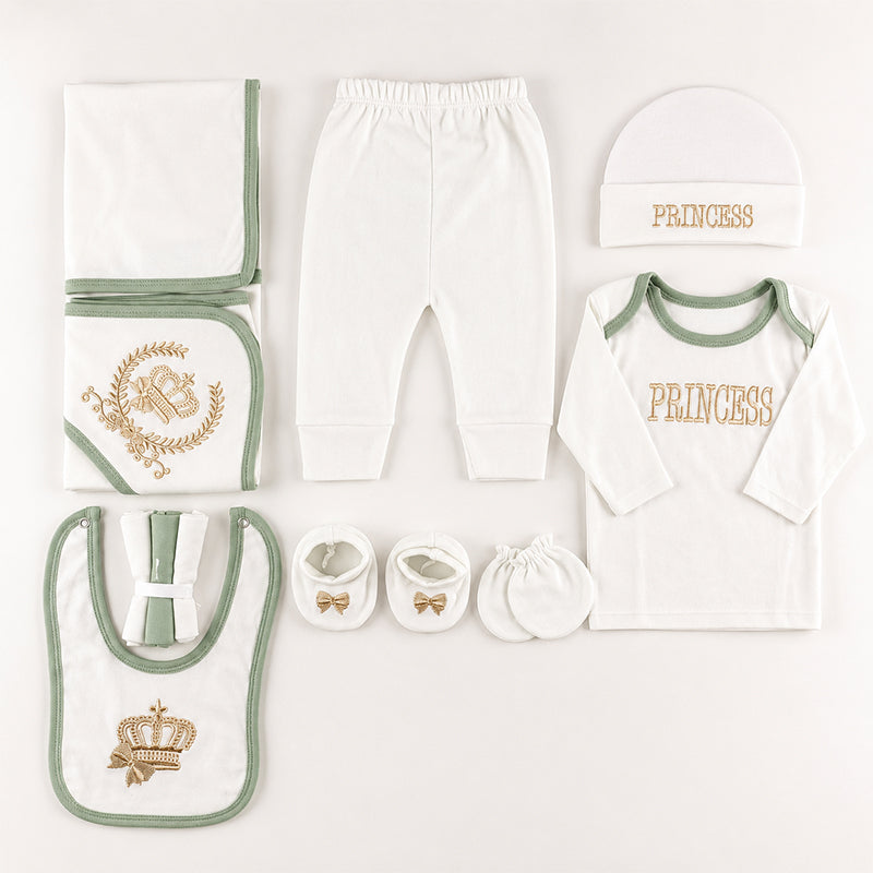 STARTER SET 11 PIECES BABY NEW BORN ESSENTIALS PRINCESS THEM OLIVE GREEN COLOUR  - image 2