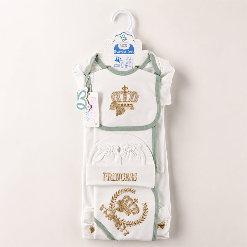 STARTER SET 11 PIECES BABY NEW BORN ESSENTIALS PRINCESS THEM OLIVE GREEN COLOUR 