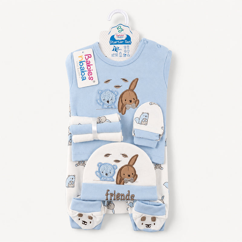 STARTER SET 11 PIECES BABY NEW BORN ESSENTIALS RABBIT BEAR PRINT BLUE COLOUR 