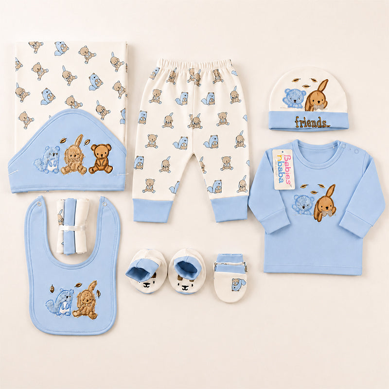 STARTER SET 11 PIECES BABY NEW BORN ESSENTIALS RABBIT BEAR PRINT BLUE COLOUR  - image 2
