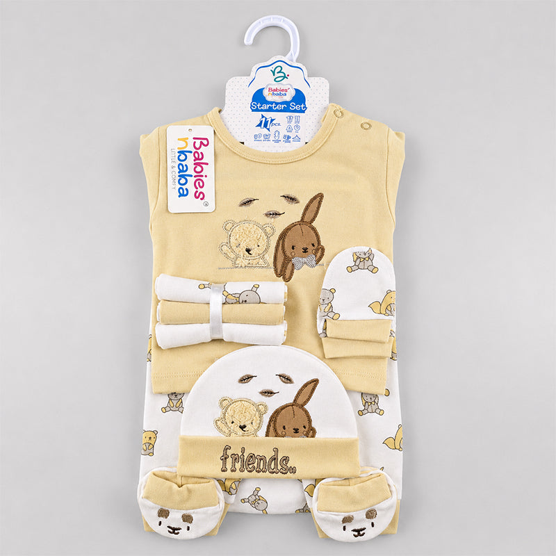 STARTER SET 11 PIECES BABY NEW BORN ESSENTIALS RABBIT BEAR PRINT BROWN COLOUR 