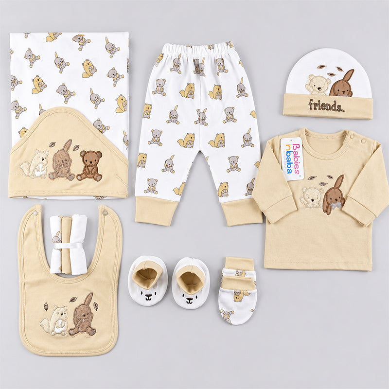 STARTER SET 11 PIECES BABY NEW BORN ESSENTIALS RABBIT BEAR PRINT BROWN COLOUR  - image 2