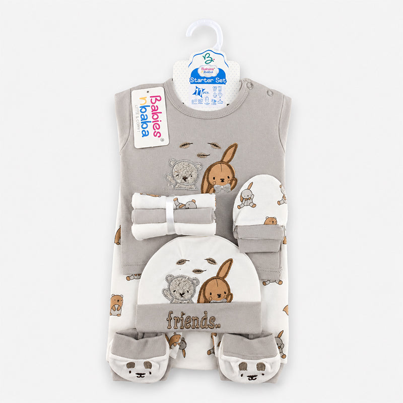 STARTER SET 11 PIECES BABY NEW BORN ESSENTIALS RABBIT BEAR PRINT GREY COLOUR 