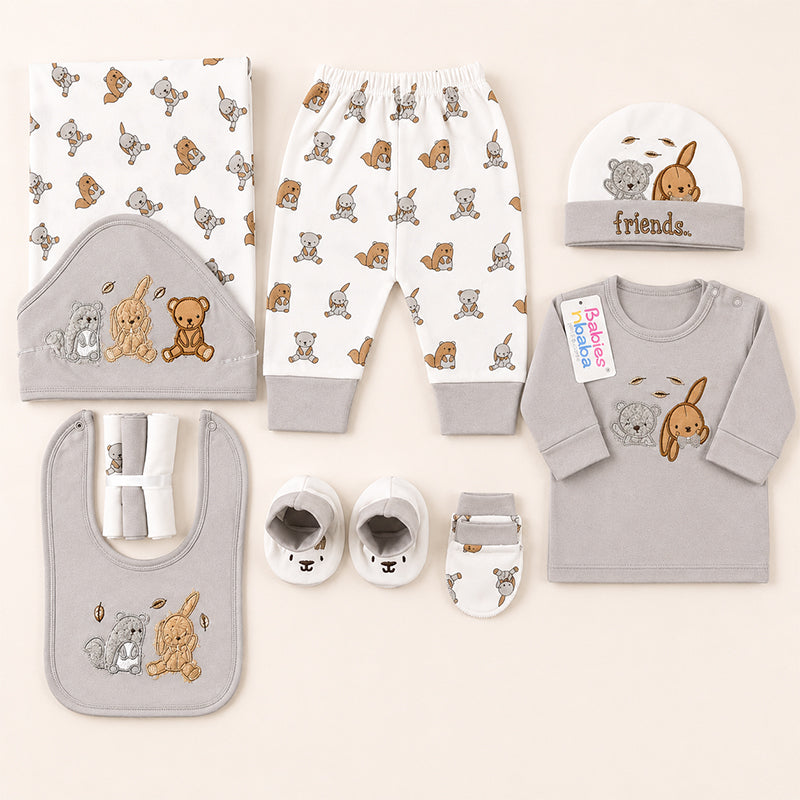 STARTER SET 11 PIECES BABY NEW BORN ESSENTIALS RABBIT BEAR PRINT GREY COLOUR  - image 2