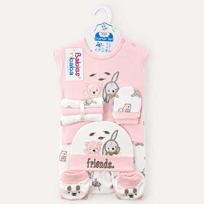 STARTER SET 11 PIECES BABY NEW BORN ESSENTIALS RABBIT BEAR PRINT PINK COLOUR 