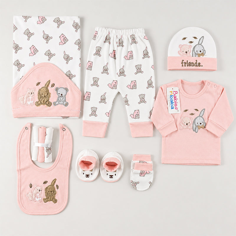 STARTER SET 11 PIECES BABY NEW BORN ESSENTIALS RABBIT BEAR PRINT PINK COLOUR  - image 2