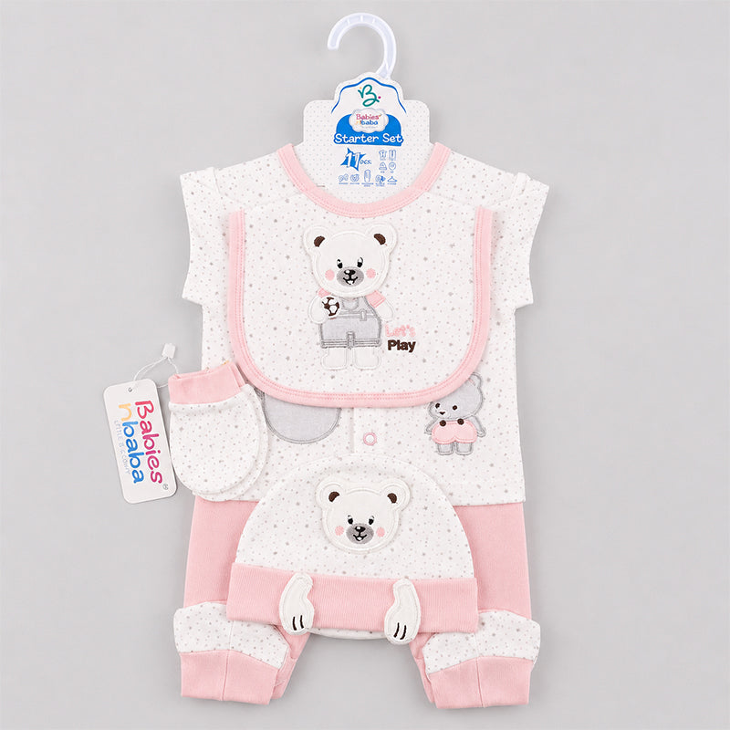 STARTER SET 11 PIECES BABY NEW BORN ESSENTIALS TEDDY BEAR THEM BABY PINK COLOUR 