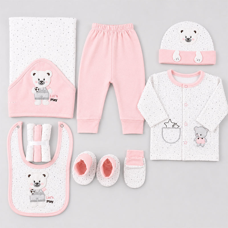 STARTER SET 11 PIECES BABY NEW BORN ESSENTIALS TEDDY BEAR THEM BABY PINK COLOUR  - image 2