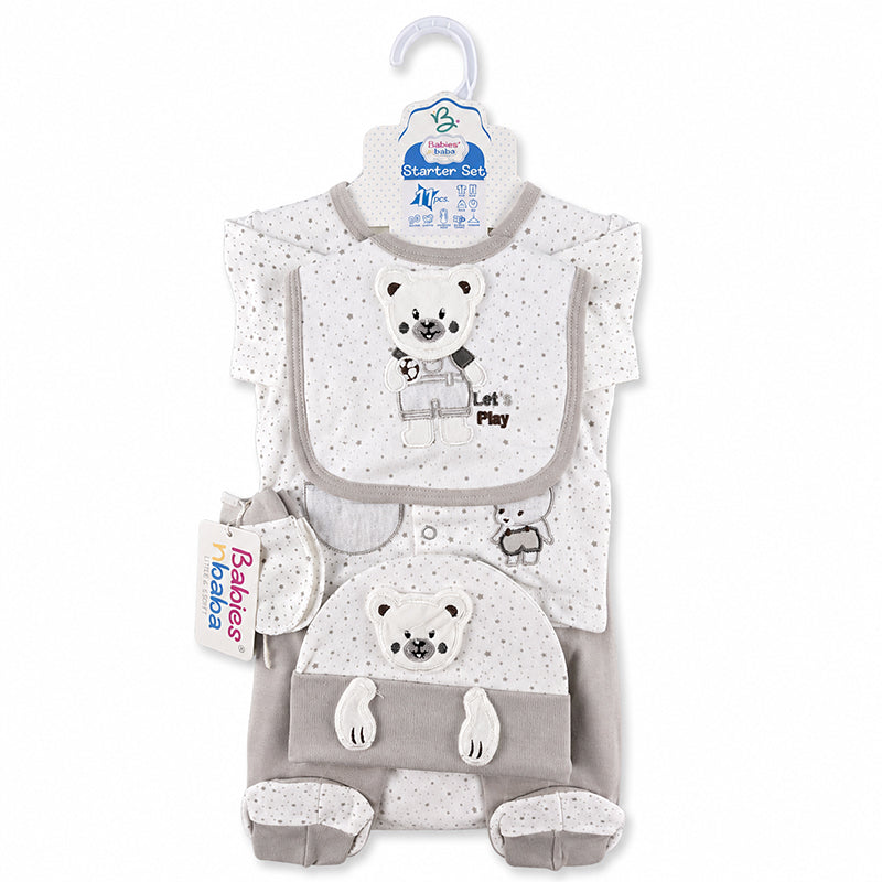 STARTER SET 11 PIECES BABY NEW BORN ESSENTIALS TEDDY BEAR THEM GREY COLOUR 
