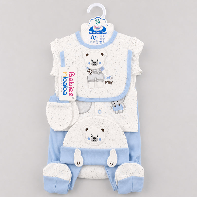 STARTER SET 11 PIECES BABY NEW BORN ESSENTIALS TEDDY BEAR THEM SKY BLUE COLOUR 