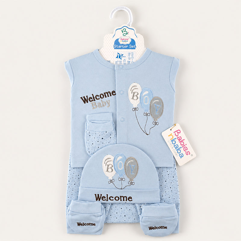 STARTER SET 11 PIECES BABY NEW BORN ESSENTIALS WELCOM BABY PRINT BLUE COLOUR 