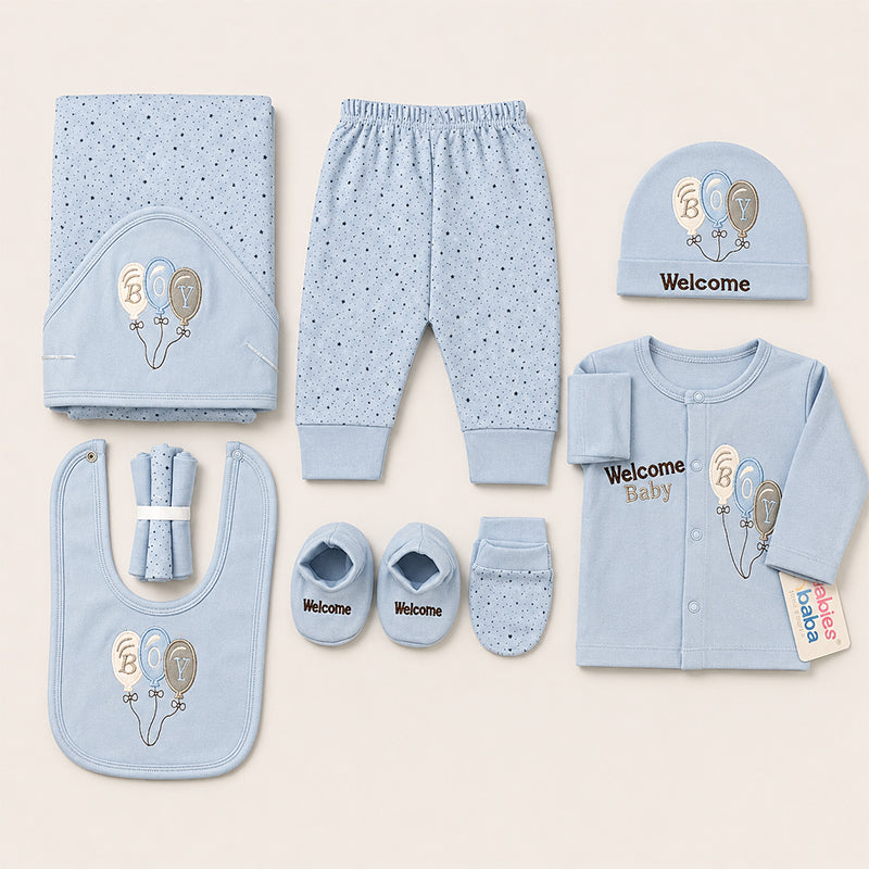STARTER SET 11 PIECES BABY NEW BORN ESSENTIALS WELCOM BABY PRINT BLUE COLOUR  - image 2