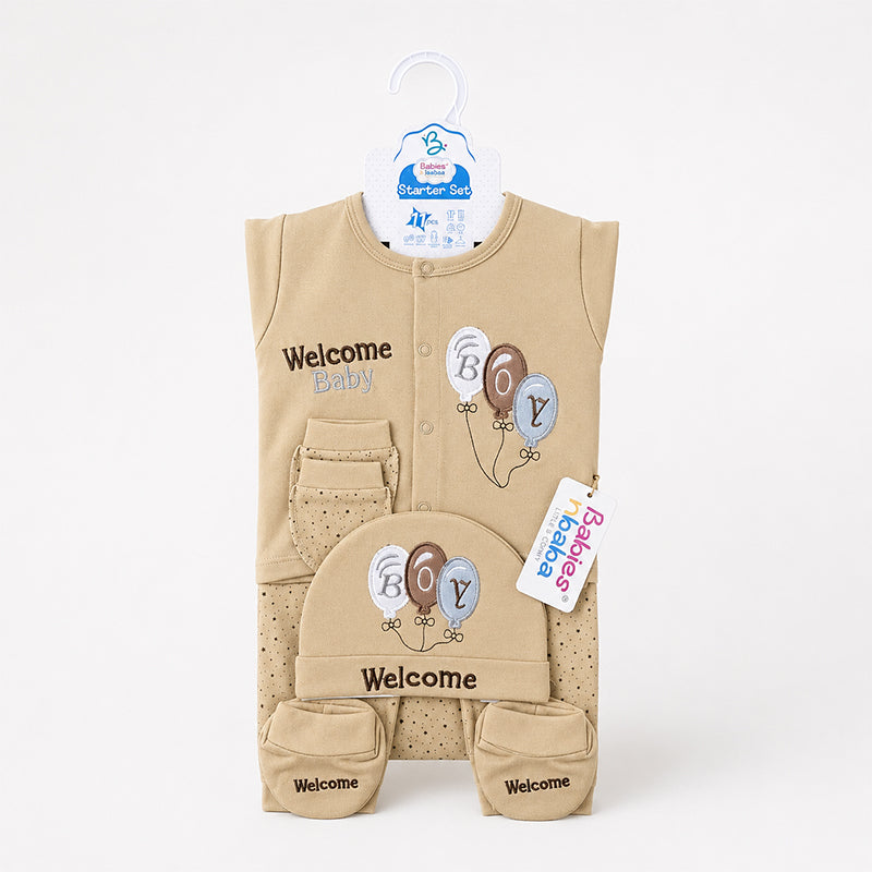 STARTER SET 11 PIECES BABY NEW BORN ESSENTIALS WELCOM BABY PRINT BROWN COLOUR 