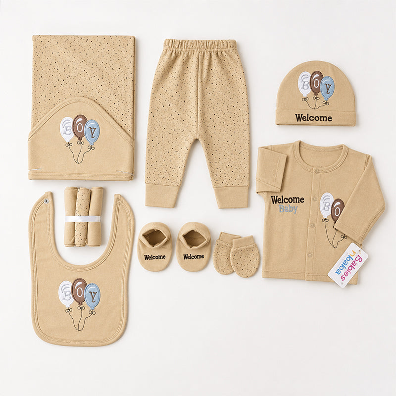STARTER SET 11 PIECES BABY NEW BORN ESSENTIALS WELCOM BABY PRINT BROWN COLOUR  - image 2