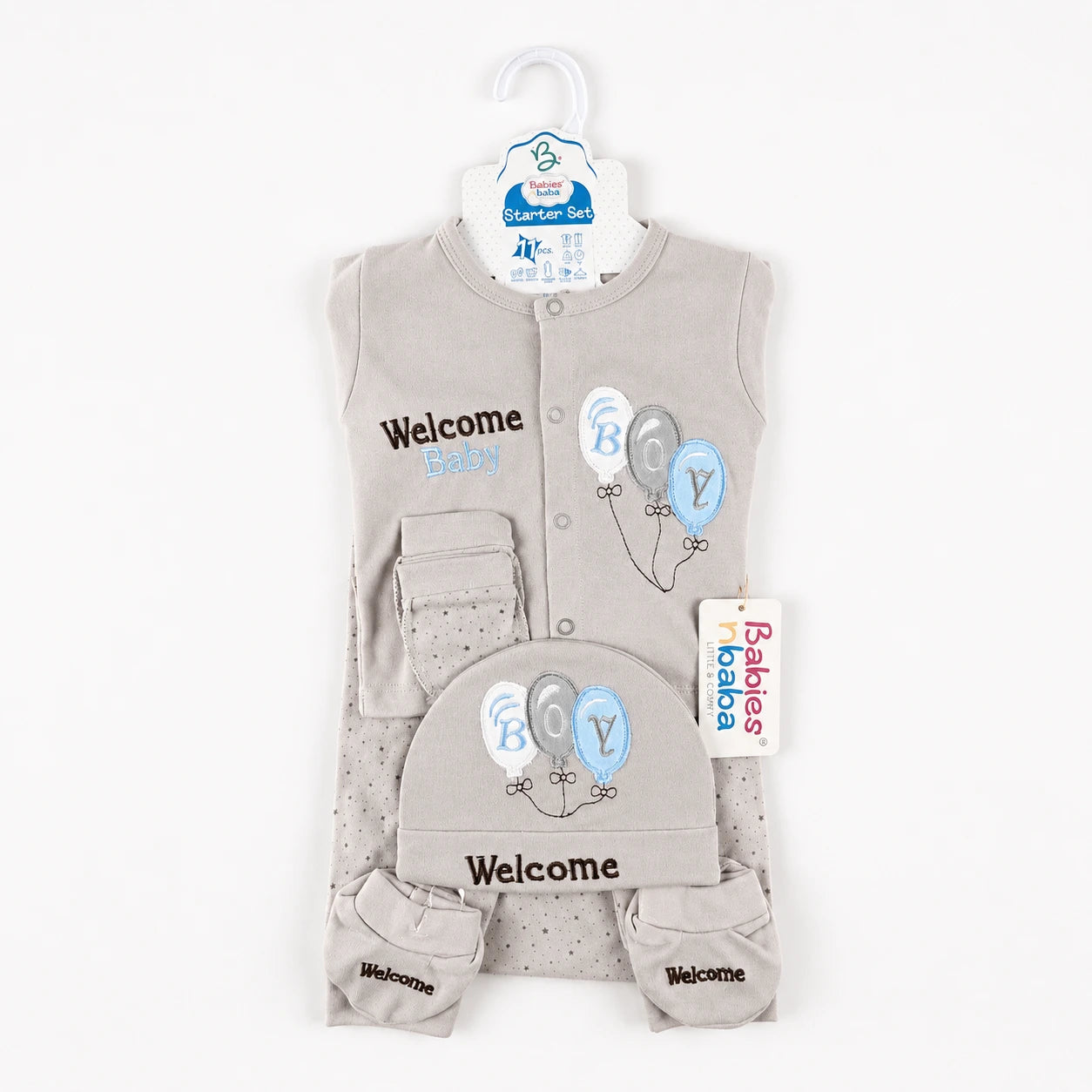 STARTER SET 11 PIECES BABY NEW BORN ESSENTIALS WELCOM BABY PRINT GREY COLOUR 