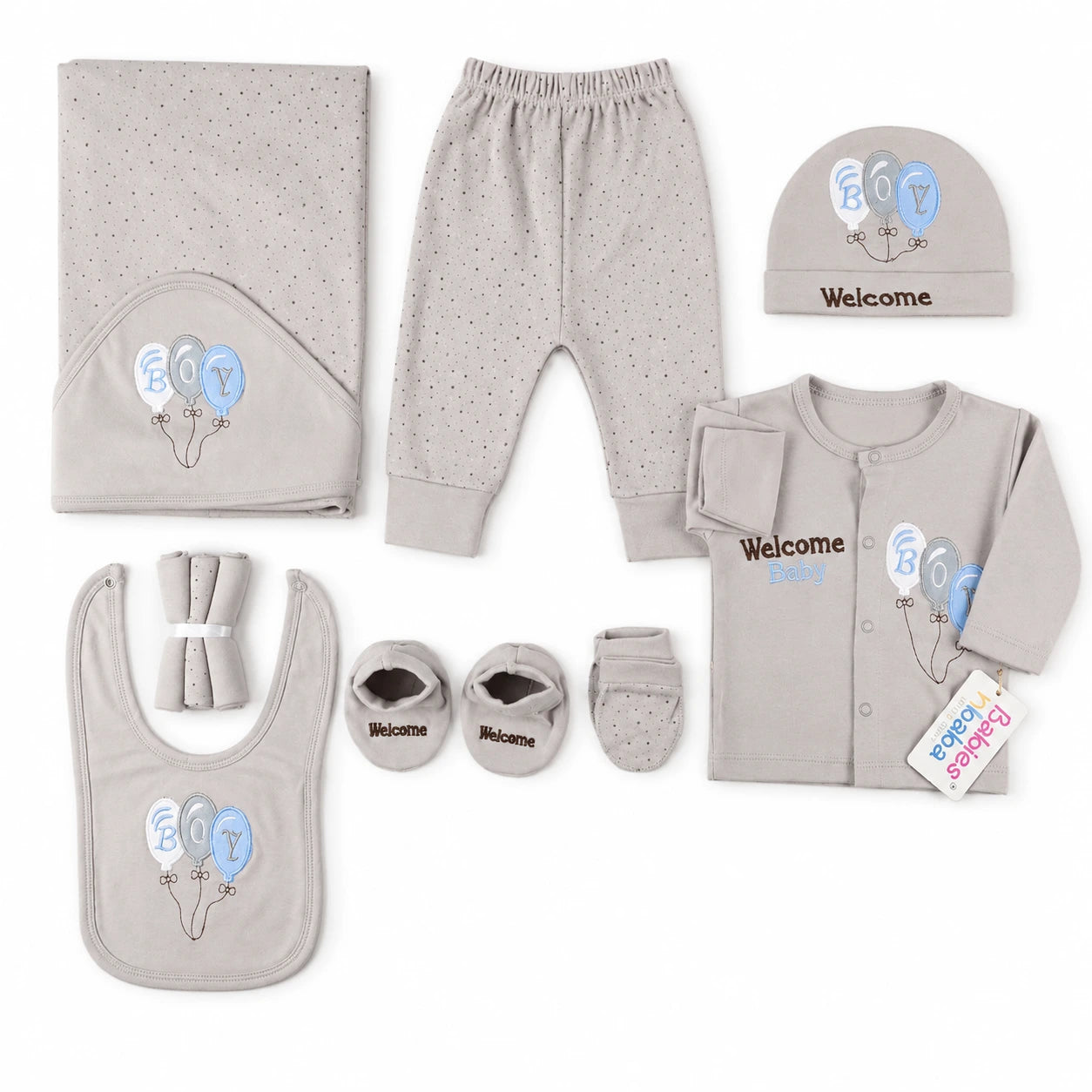 STARTER SET 11 PIECES BABY NEW BORN ESSENTIALS WELCOM BABY PRINT GREY COLOUR  - image 2