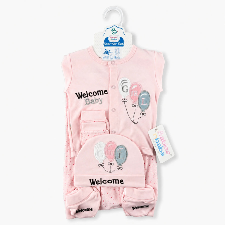STARTER SET 11 PIECES BABY NEW BORN ESSENTIALS WELCOM BABY PRINT PINK COLOUR 